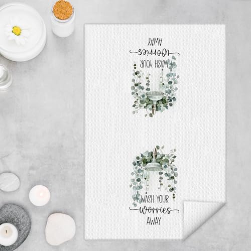 Sage Green Eucalyptus Leaves Bathroom Hand Towels, Wash Your Worries Away Botanical Funny Hand Towels for Bathroom Washroom Restroom Toilet Decor, 16x24 Inches - color: Wash Bathroom a