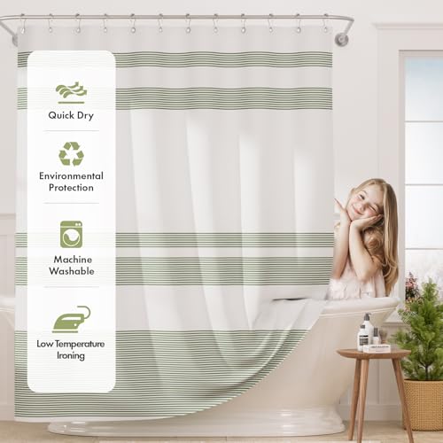 AmazerBath Shower Curtain, Washable Cloth Sage Green with 12 Shower Curtain Hooks, Fabric Green and White Striped Set, Farmhouse Bathroom Shower Curtain, 72x72 Inches - color: A- Sage Green Stripe +12 Metal Hooks, size: 72"W x 72"L (Pack of 1)