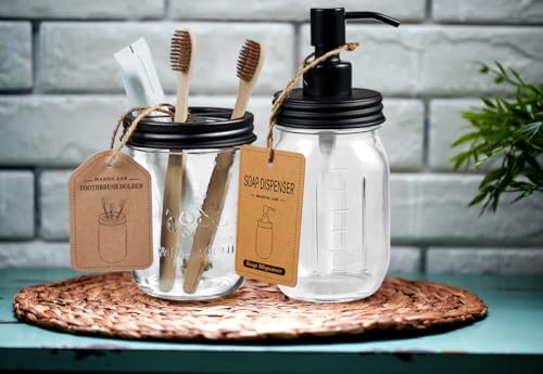 SheeChung Mason Jar Bathroom Accessories Set, 2Pcs Glass Bathroom Accessory Set, Soap Dispenser, Toothbrush Holder, Bathroom Decor, Rustic Farmhouse Decor - Black - color: Black, size: Liquid Dispenser