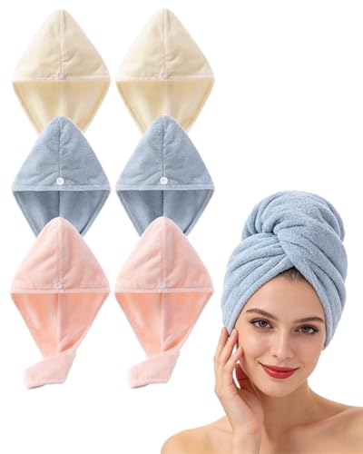 Lumimi Luxury Microfiber Hair Towel Gift Set 6 Pack - Spa Quality Anti-Frizz Turbans with Button Closure, Quick Dry for Long/Curly Hair, Premium Bath Accessories for Women - color: Pink+pink+blue+blue+cream+cream