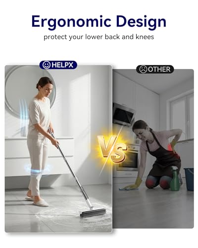 Small Floor Scrub Brush with Length Adjustable Long Handle, 3 in 1 Heavy-Duty Stiff Bristle Scrubber Brush with Squeegee and Tweezer Push Broom for Cleaning Bathroom, Patio, Garage and Kitchen - color: White