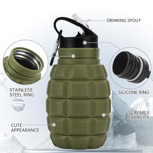 QiCheng&LYS Collapsible Water Bottle Sports Bottle 19.5OZ/580ml Travel Water Bottle for men women kids. BPA Free Food Grade Silicone. (Army green) - color: Army green