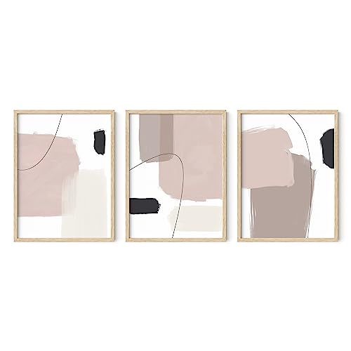 HAUS AND HUES Minimalist Wall Art - Set of 3 Neutral Art, Modern Abstract Decor, Geometric Boho Beige (Beige Frame, 12x16) - color: Paint, size: 12"L x 16"W, style: Beige Framed