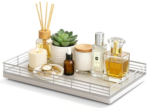 Bathroom Vanity Tray, 13" x 8" Oak Decorative Wooden Tray for Countertop | Large Bathroom Vanity Organizer, Wood Tray for Perfume, Skincare & Accessories Storage, Vanity Dresser Decor, Silver & White - color: Silver, size: 13" x 8" x 2"