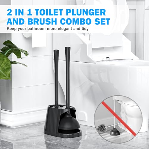 Toilet Plunger and Brush Set, Silicone Bowl Brush and Heavy Duty Toilet Plunger with Ventilated Holder, 2-in-1 Toilet Brush and Plunger Combo for 5.3-inch Toilet Drain Bathroom Deeply Cleaning (Black) - color: Black01