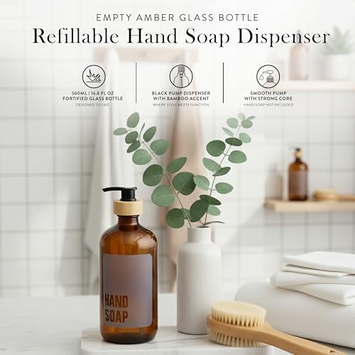SAVVY & SORTED Amber Glass Hand Soap Dispenser for Bathroom, Kitchen Hand Soap Bottle with Label, Refillable Glass Bottle for Liquid Wash, Matching Dish Soap Dispenser Available, 17 Fl Oz / 500 ml - color: Amber - Hand Soap 500 Ml