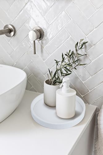 HofferRuffer Round Decorative Tray, Faux Leather Vanity Tray Decor, Decorative Catchall for Perfume, Bathroom Valet, Nightstand or Dresser (White Stripe, Round-12" x 12" x 1.6") - color: White Stripe