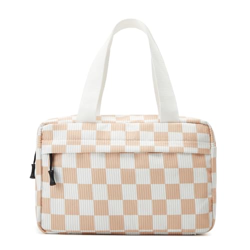 Large Makeup Bag for Women Corduroy Cosmetic bag Make up Bags Zipper Pouch with handle Cosmetic Organizer Toiletry Bag for Travel Storage - color: 21-Checkered Orange White