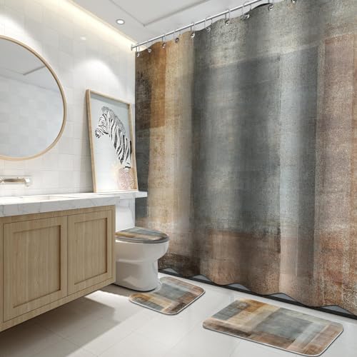Lnond 4Pcs Bathroom Shower Curtain Sets with Rugs,Brown Gradient Painting Art Bathroom Sets with Shower Curtain and Rugs and Accessories - color: Yellow-brown Abstract