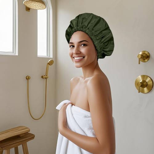 Edoneery Reusable Shower Caps for Women, Waterproof Long Hair Bonnet | Washable Design, Wide Elastic Band, Large Fit, Holds Long Hair, Braids Friendly, Bath Accessories, Spa, Travel - color: Black&Green