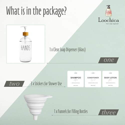 LOOCHICA Clear Glass Soap Bottle - Hands Free Dispenser for Kitchen or Bathroom - color: C07-clear-hands