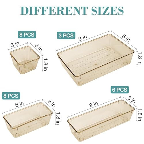 StorMiracle 25 PCS Drawer Organizer Set, 5 Varied Size Bathroom and kitchen Drawer cabinet organizer Trays, Clear Storage Bins for Makeup, Jewelry, Utensils and Gadgets, Champagne - color: Champagne, size: 25 PCS
