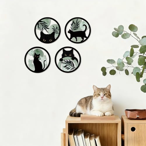 TOARTi 4PCS Boho Black Cat Wooden Wall Art,Sage Green Cats Round Wall Decor,Bohemian Green Plant Hanging Art,Minimalist Botanical Kitty Artwork for Farmhouse Bedroom Living Room Black Cats Room Decor - color: 4pcs Sage Black Cat Wall Art
