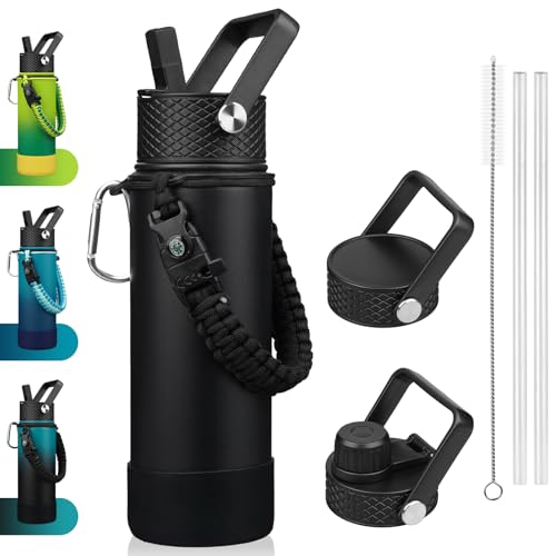 BJPKPK Insulated Water Bottle with Straw Lid, 22oz Thermal Flasks Water Bottles with 3 Lids, Paracord Handle & Non-slip Boot, BPA Free Leak Proof Stainless Steel Tumblers, Cups,Black - color: Black, size: 22 Ounces