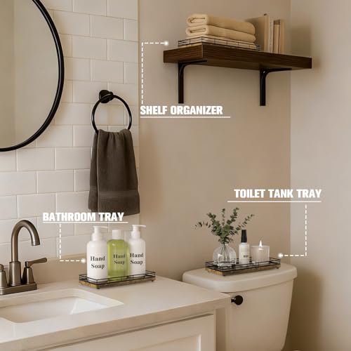 Bathroom Vanity Tray for Countertop, 12" x 6" Wood Toilet Tank Tray | Metal Guardrail, Bathroom Organizer for Soap, Perfume & Skincare, Non-Slip Decorative Tray for Dresser, Black & Rustic Brown - color: Rustic Brown, size: 12" x 6" x 1.5"