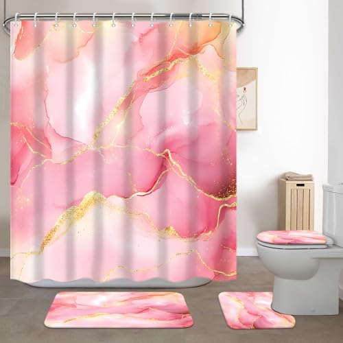 Lnond 4Pcs Bathroom Sets with Shower Curtain and Rugs, Pink Gold Marble Modern Art Shower Curtain Sets with Rugs and Accessories - color: Pink Gold Marble