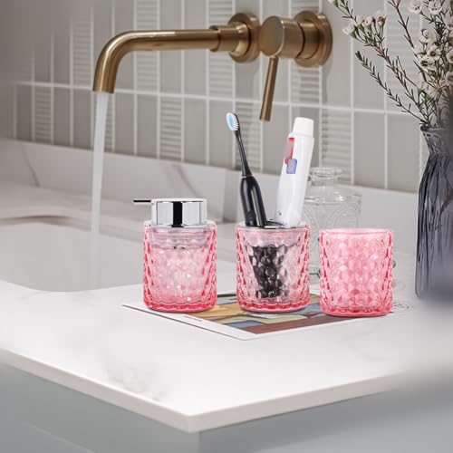 Bathroom Accessories Set, 3pcs Pink Glass Bathroom Accessory Set,Toothbrush Holder, Foaming Soap Dispenser and Tumbler, Silver Bathroom Decor Sets for Organizer, Home Apartment Gift - color: Pink and Silver