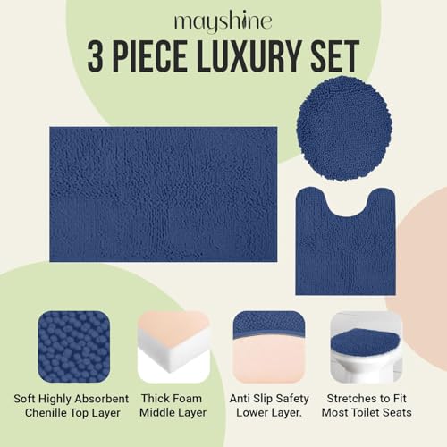 Standard 3pc Set Chenille Bath Mats, Includes 21"x24" U-Shaped Contour Toilet Rug, 21"x34" Inches Bathmat and 1 Toilet Lid Cover, Plush Absorbent Bath Mats Quick Dry, Dark Blue - color: Dark Blue, size: 24"x21", 34"x21" and TLC (Set)