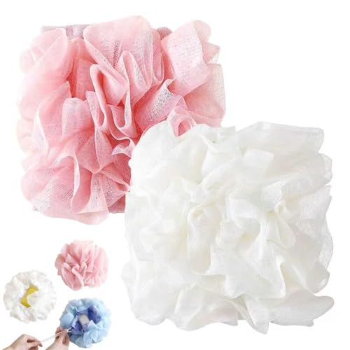 2 in 1 Loofah Sponges 2-Pack Dual-Sided Exfoliating Bath Sponges for Shower & Loofah Washcloth for Bar Soap Premium Body Scrubber with Drawstring for Gentle Skin Smoothing - Pink＆Beige - style: Pink＆Beige