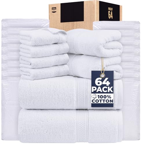 Utopia Towels Set, 16 Bath Towels, 16 Hand Towels, and 32 Washcloths, 600 GSM Ring Spun Cotton Highly Absorbent Towels for Bathroom, Shower Towel, (Pack of 64) (White) - color: White, size: 64 Pieces Towel Set