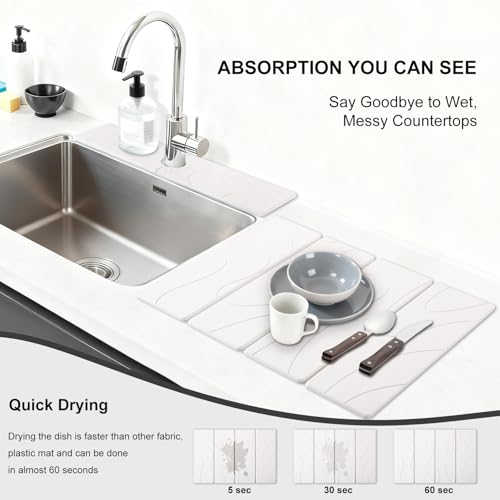 3 PCS Large Stone Dish Drying Mat for Kitchen Counter, Quick Dry Stone Dishes Mats, Sink Faucet Mat, Minimalist Water Absorbing Diatomaceous Earth Drying Pad for Countertop Tableware, Bottles - color: White Carving Lines