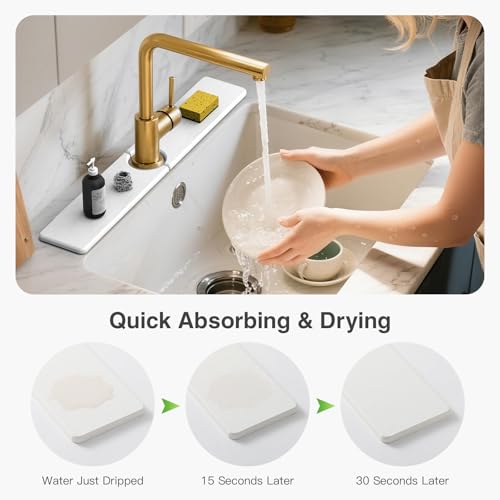 23.6" x 4" Stone Faucet Mat for Kitchen Sink, Quick Drying Diatomite Sink Tray, Faucet Sink Splash Guard for Prevents Moisture Buildup (White) - color: White, size: 23.6" x 4"