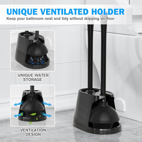 Toilet Plunger and Brush Set, Silicone Bowl Brush and Heavy Duty Toilet Plunger with Ventilated Holder, 2-in-1 Toilet Brush and Plunger Combo for 5.3-inch Toilet Drain Bathroom Deeply Cleaning (Black) - color: Black01
