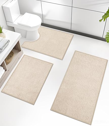 chakme Bathroom Rug Sets 3 Piece, Ultra Thin Bath Mat Quick Dry Bath Mat, Absorbent Bath Mats for Bathroom Non Slip Machine Washable, (Light Beige) - color: Light Beige, size: 3piece