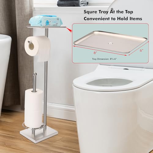 Toilet Paper Holder with Tray At the Top, Heavy-Weighted Stainless Steel Base No Wobbly, Freestanding Toilet Paper Rolls Stand, Hold Extra 3 Paper Rolls On the Base (Brushed Nickel) - color: Brushed Nickel