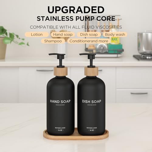 Hand and Dish Soap Dispenser Set,16oz Glass Bottles with Bamboo Pumps & Tray,Countertop Soap Dispensers for Kitchen,Luxury, Minimalist & Farmhouse Decor - color: Hand Dish (Black)