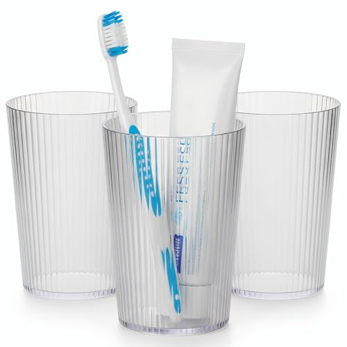 NiHome Toothbrush Holders for Bathrooms 3 Pcs, Plastic Reusable Bathroom Tumbler Toothbrush Cups, 13.5oz Unbreakable Mouthwash Cups Easy to Clean (Striped Clear) - color: Striped Clear