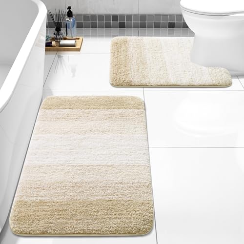 Arotive Bathroom Rugs Sets 2 Piece, Soft Absorbent Microfiber Bath Mats and U-Shaped Contour Toilet Rug, Machine Washable Dry Bath Mats for Bathroom, 30x20 and 24x20, Light Beige - color: Light Beige, size: 30" X 20" + U Shape 24" X 20"