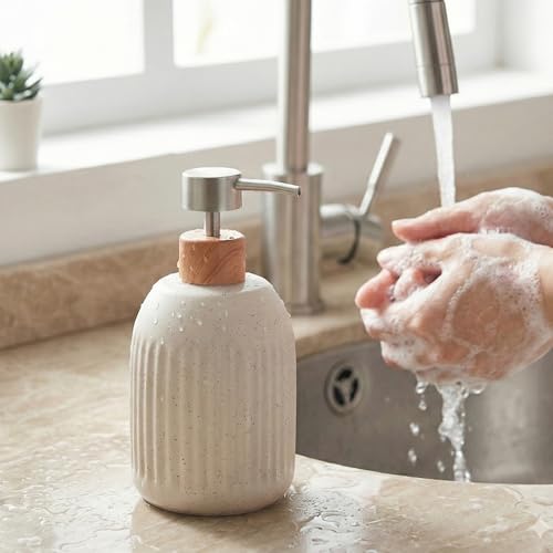 Ceramic Hand Soap Dispenser for Bathroom, 16oz Rustic Kitchen Dish Soap Dispenser, Refillable Liquid Pump Bottle for Shampoo, Lotion, Conditioner, Modern Farmhouse Bathroom Decor - color: Ribbed-cream