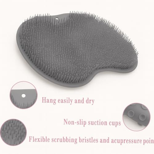 Silicone Foot Scrubber for Shower - Wall Mounted Back Washer Exfoliating Bath Wash Pad - Non-Slip Suction Cups, Deep Exfoliating Foot Cleaner for Bath, Seniors, Men and Women, Gray