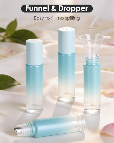 Worldgsb 4 Pack Essential Oil Roller Bottles, 10ml Refillable Glass Roller Bottles with Stainless Steel Roller Balls and Caps for Travel, Perfume and Lip Gloss Blue Gradient - color: Blue-Gradient, style: 4 Pack