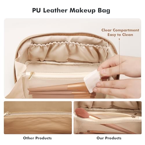 Prite Makeup Bag for Women Travel Waterproof Vegan Leather Cosmetic Bag Open Flat Toiletry Bag With Clear Divider and Handle (Beige, Medium) - color: Beige, size: Medium