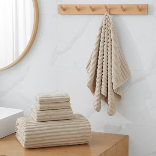 6-Piece Bath Towel Set(30"x60"), 2 Large Bath Towel Sheets, 2 Hand Towels and 2 Washcloths - Highly Absorbent Quick Dry Microfiber,Ultra Soft Towel Set for Bathroom (Beige) - color: Beige, size: 30x60 Bath Towel Set of 6