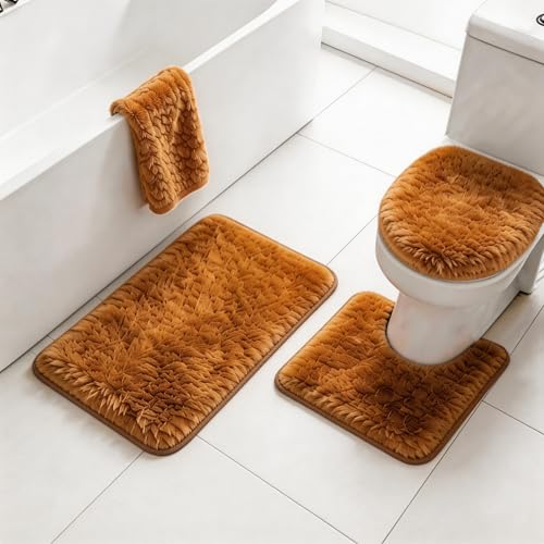 RUN HELIX Shaggy Bathroom Rugs Sets 3Piece Bath Mat for Bathrom Non-Slip Bathrom Mats Water Absorbent Bath Rug Floor Mats Soft Washable Shower Rug with U-Shaped Contour Rug Toilet Lid Cover Brown - color: Brown