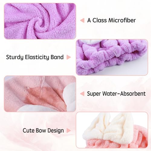 Microfiber Hair Drying Caps, 5-Pack Extra Soft and Ultra Absorbent Fast-Drying Hair Turban Wraps, Shower Caps for Girls and Women with Cute Bowtie Design（11" L x 10" W）