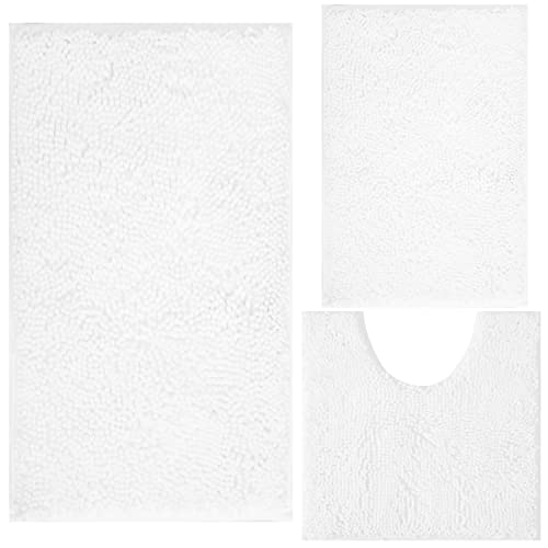 White Bathroom Rugs Chenille 3-Piece Extra Soft and Absorbent Shag White Bath Mat, Machine Wash Mat, Strong PVC Non-Slip Underside, Plush Carpet Mats - color: White, size: 2'8" x 1'8" (16x24"+20x32"+20x20"U shape）
