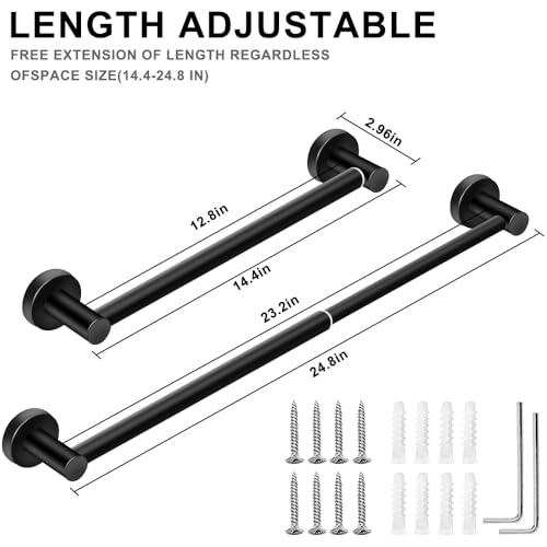 MGahyi 5-Piece Bathroom Accessories Set, Rustproof Stainless Steel Wall Mounted, Extendable Towel Bar 12.8-24.8 Inch, Toilet Paper Holder, Towel Ring & Robe Hooks, Heavy Duty Bath Storage (Black)