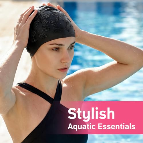 Women Swim Cap 2 Pack for Long Hair, Silicone Flower Adult Swimming Caps Waterproof for Girl Youth No Wet Hair - color: Black & Black