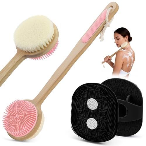 Back Scrubber for Shower + Body Scrubber 2 Pack, Dual Sided Silicone & Nylon Bristles Lather Well Exfoliating Anti-Slip Wood Long Handle Back Scrubber Body Exfoliator for Wet/Dry Bath Brush Pk+Bl - color: Pink & Black