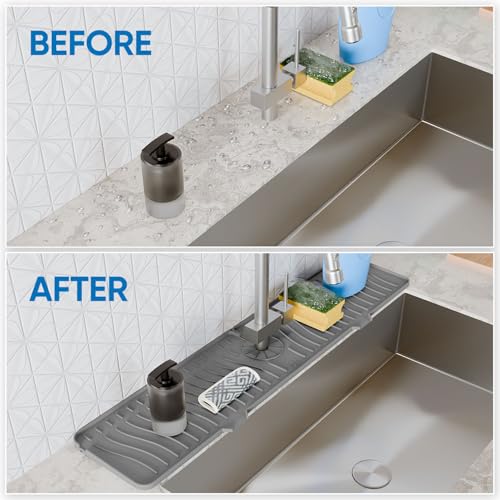 24 Inch Longer Faucet Mat for Kitchen Sink, Silicone Sink Faucet Mat Splash Guard 5° Slope Premium Kitchen Sink Splash Faucet Guard, Fast Self-Draining Mat (Grey)