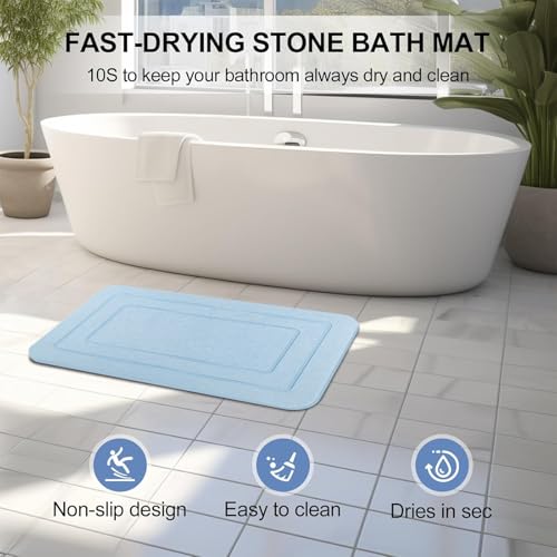 2 Pack Diatomaceous Earth Bath Mat, Stone Shower Mat, Non-Slip Super Absorbent Quick Drying Bathroom Kitchen Floor Mat, Blue, 24x15 - color: Blue Rectangle