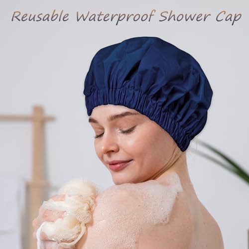 Reusable Shower Cap for Women – Large Waterproof Satin Shower Bonnet for Long, Curly & Braided Hair, Washable Bath Hair Cover, Navy Blue - color: Navy Blue