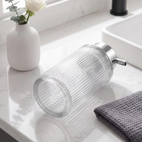 KASUNTING Foaming Soap Dispenser, 11 Fl Oz Clear Glass Foam Hand Soap Dispenser for Bathroom & Kitchen, Refillable Foaming Bottle with Sliver Pump, Modern Ribbed Dish Soap Foam Dispenser - color: Clear Bottle+ Sliver Pump, size: Foam-1 Pack
