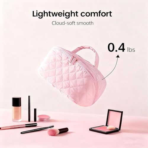 Makeup Bag for Women, Wide Open Lay-Flat Water-Resistant Cosmetic Case, Festivalment Makeup Bag, Spacious 180° Open Cosmetic Organizer for Toiletries & Brushes Large Capacity with Compartments (Beige) - color: Beige