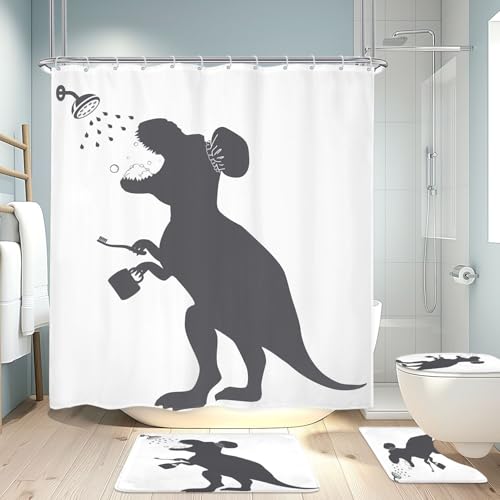 4PCS Kids Dinosaur 71Wx71H Inches Funny Animal Dino Silhouette Shadow Shower Curtain Sets with Rugs, Toilet Lid Cover and Bath Mat, Cute Bath Accessories Art Home Decor Fabric 12 Pack Hooks - color: A2-dinosaur