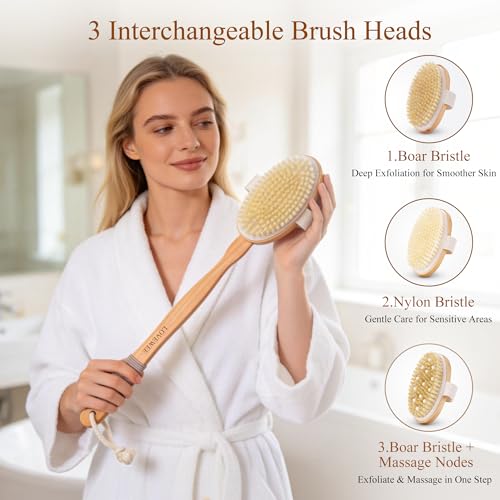 7-in-1 Body Brush Set for Shower & Dry Brushing – Long Handle Back Scrubber, 3 Replaceable Bristle Heads, Silicone Face Cleanser & Loofah – Exfoliating, Smooth Skin & Home Spa Kit - color: Set 1